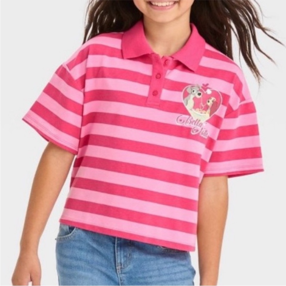 Disney Lady and the Tramp Pink Striped Kids Cropped Polo Shirt